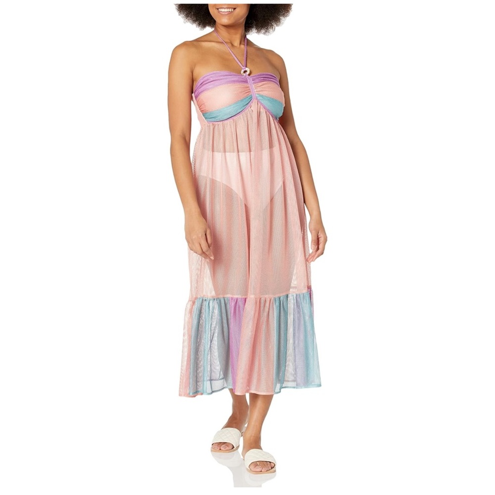 SHOSHANNA Semi-sheer Striped Halter‎ Midi Dress Coverup In Lavender blue pink